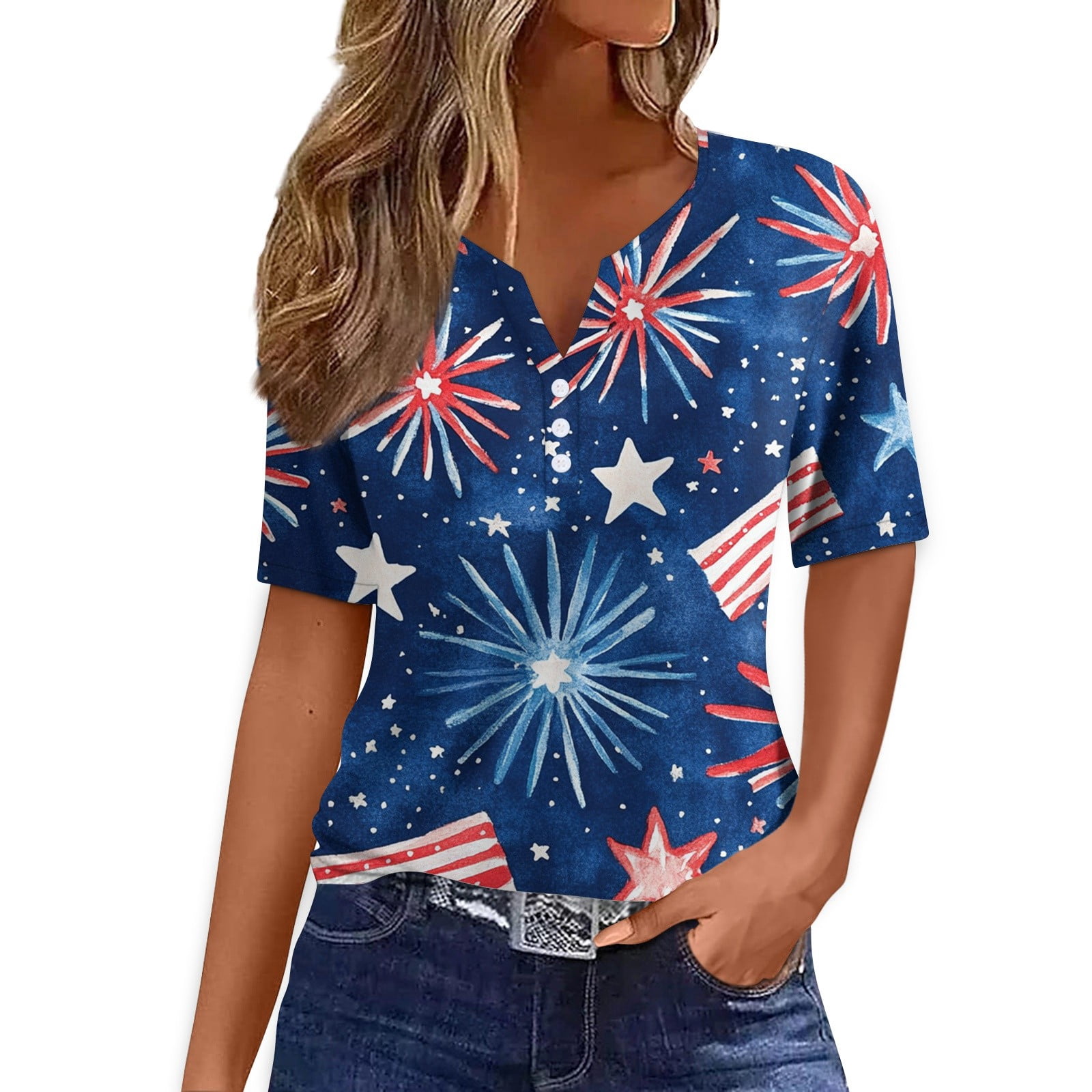 JGNGSHN Tops for Women Trendy 2025 4th Of July Short Sleeve Henley ...