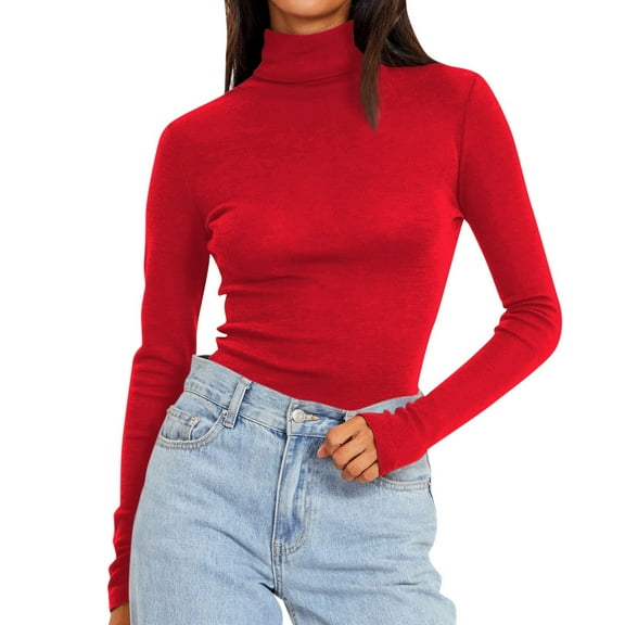 JGNGSHN Turtleneck Long Sleeve Shirt for Women Mock Turtle Neck Fitted Slim Fits T Shirt Basic Tight Tops Tee Red