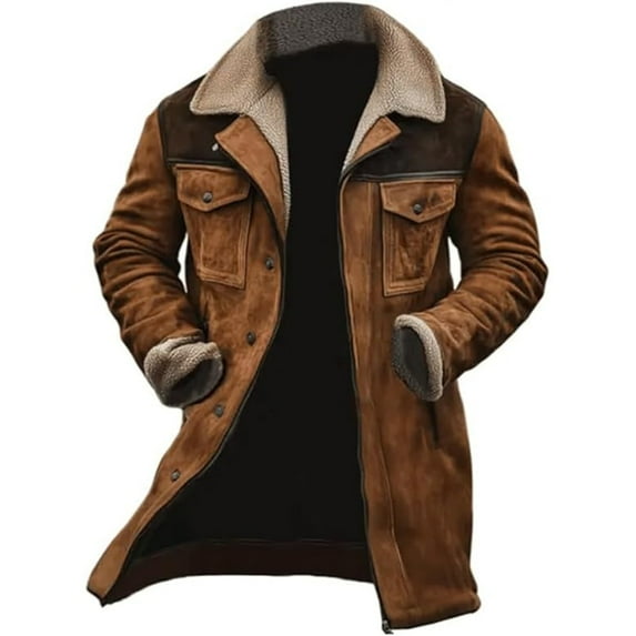JGNGSHN Vintage Suede Jacket for Men Plush Reversed Collar Outdoor Jacket Coats Thick Sherpa Windbreaker Retro Zipper Button Tops