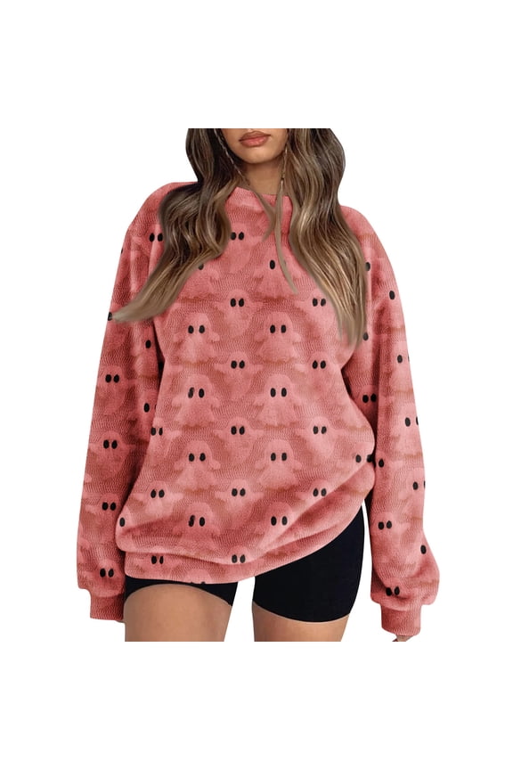 Women Halloween Sweatshirt Flannel Crewneck Pullover Long Sleeve Top Spooky Season Cute Ghost Graphic Gothic Sweater Fall Clothes