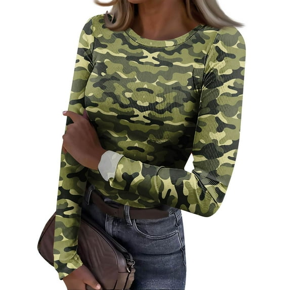JGNGSHN Women Long Sleeve Crewneck Rib Knit Slim Fit Shirts Fashion Floral Print Tops Going Out Workout Outfits