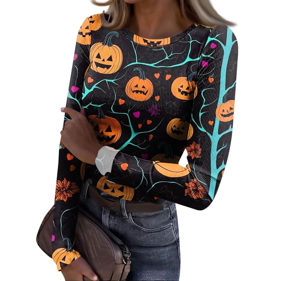 JGNGSHN Women Long Sleeve Halloween Tops Casual Crewneck Stretchy Fitted Ribbed Trendy Skeleton Graphic Basic Tee Fall Winter Clothes