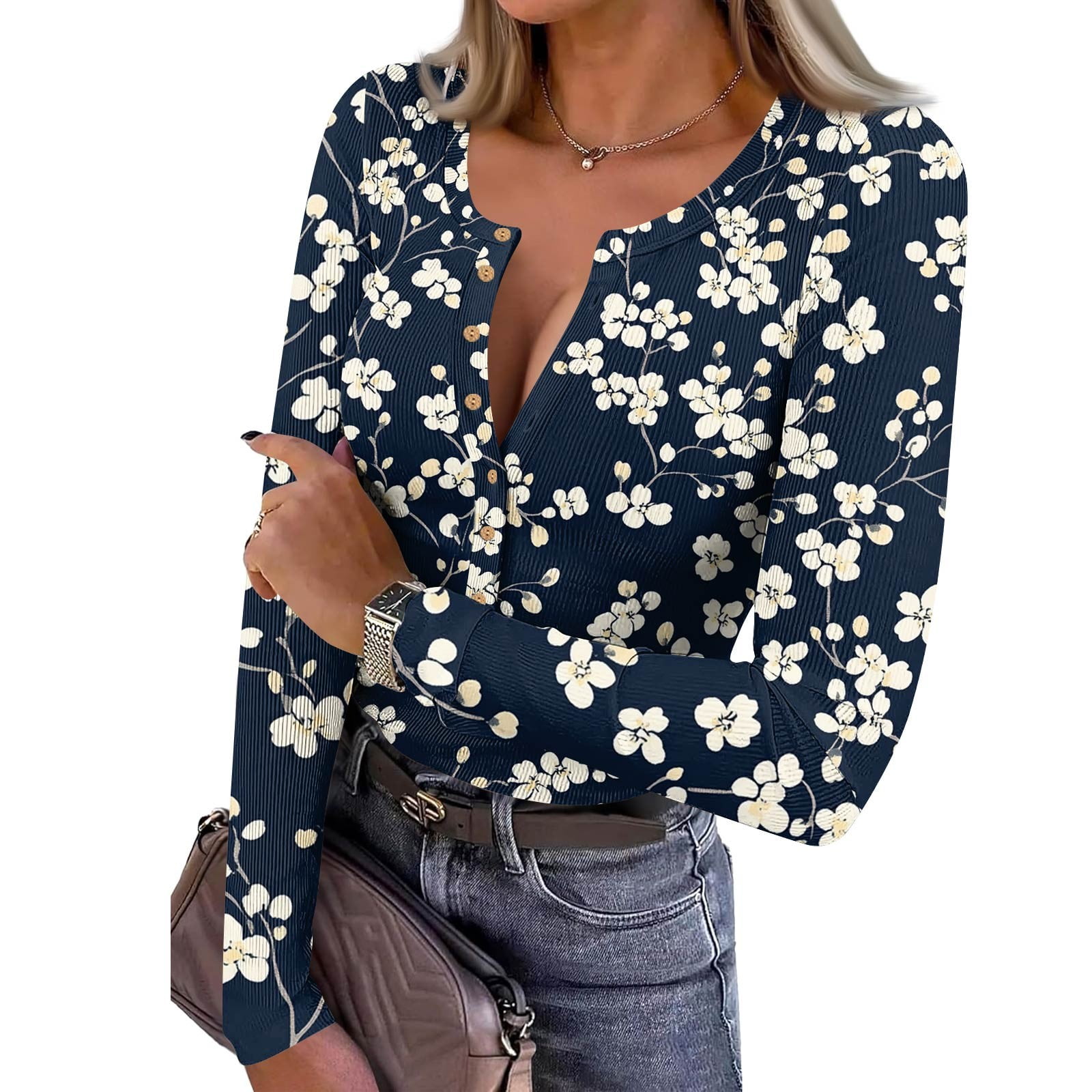 JGNGSHN Women Long Sleeve Tops Spring Fall Button Down Scoop Neck ...