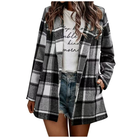 JGNGSHN Women Plaid Shacket Jacket Trendy Fall Casual Button Flannel Tartan Trench Coat Winter Clothing with Pockets
