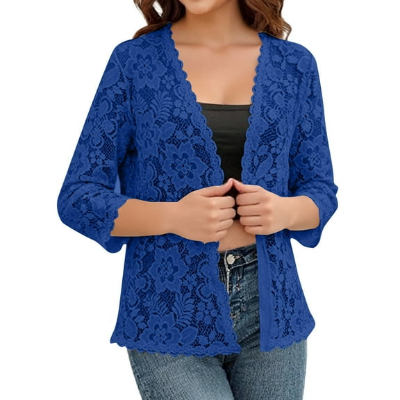 JGNGSHN Women's 3/4 Sleeve Cropped Cardigan Floral Crochet Knit Sweater Lightweight Bolero Shrugs Sweaters