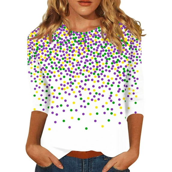 JGNGSHN Women's 3/4 Sleeve Shirts Fashion Crew Neck Tops Casual Loose Fit Mardi Gras Blouses