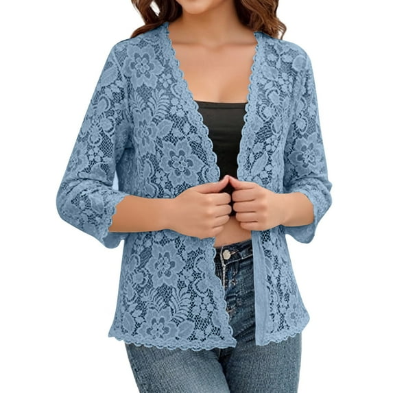JGNGSHN Women’s Casual Lace Cardigan 3/4 Sleeve Floral Crochet Knit Cardigans Shrug Sweaters Cropped Open Front Clothes
