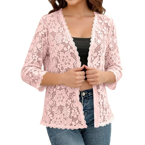 JGNGSHN Women’s Casual Lace Cardigan 3/4 Sleeve Floral Crochet Knit Cardigans Shrug Sweaters Cropped Open Front Clothes