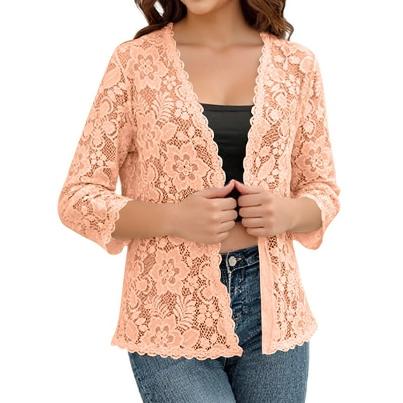 JGNGSHN Women's Elegant 3/4 Sleeve Floral Lace Bolero Shrug Cropped Open Front Cardigan Lace Shrug Tops