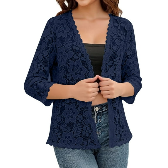 JGNGSHN Women's Elegant 3/4 Sleeve Floral Lace Bolero Shrug Cropped Open Front Cardigan Lace Shrug Tops