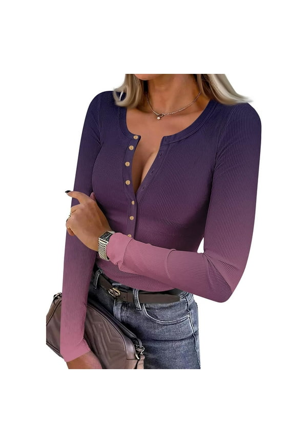 Women's Fall Long Sleeve Henley Shirts Button Down Ribbed Slim Fit Basic Tees Casual Fall Tops