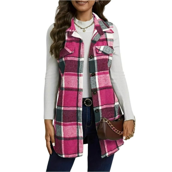 JGNGSHN Women's Fall Sleeveless Flannel Vest Tops Plaid Long Single Breasted Casual Fashion Jackets with Pockets 2025