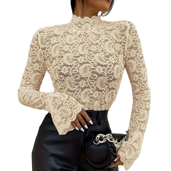 JGNGSHN Women's Fashion Floral Lace Tops Long Bell Sleeve Mock Neck Pullover Slim Fit Blouse