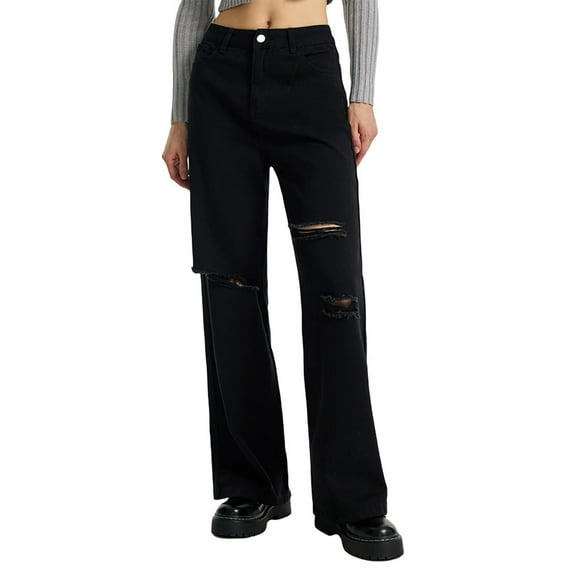 JGNGSHN Women's Fashion Ripped Jeans Casual High Waist Straight Leg Denim Pants Loose Distressed Denim Pant
