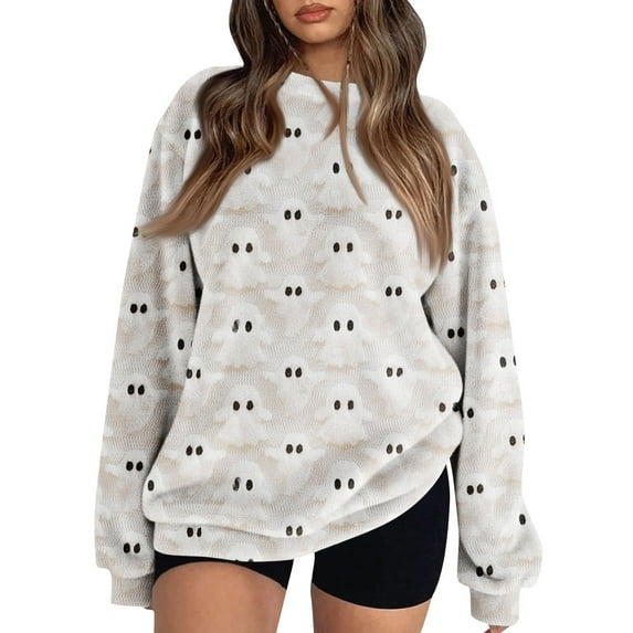 JGNGSHN Women's Halloween Sweatshirts Long Sleeve Flannel Dropped Shoulder Pullover Top Boo Letter Sweater Spooky Season Oversize Fall Clothes