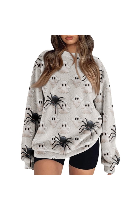 Women's Halloween Sweatshirts Long Sleeve Flannel Dropped Shoulder Sweater Top Spider Pumpkins Print Shirts Spooky Season Pullover Oversize Fall Clothes