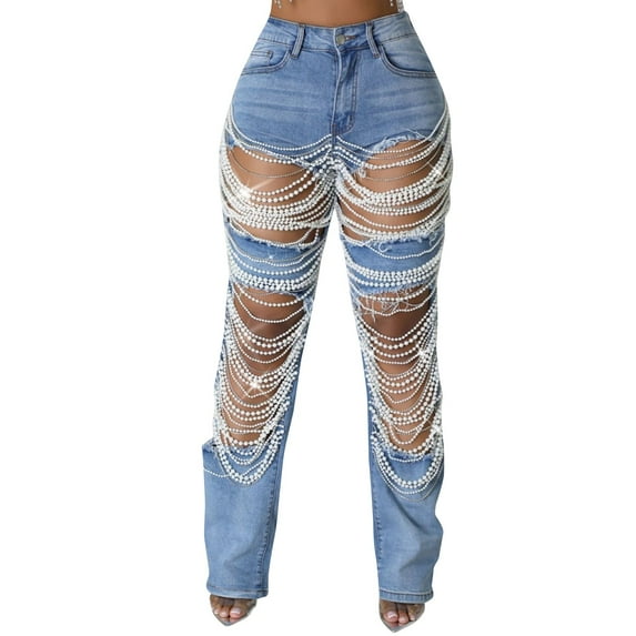 JGNGSHN Women's High Waist Ripped Jeans Fashion Straight Leg Distressed Cutout Denim Jeans Baggy Comfy Pants