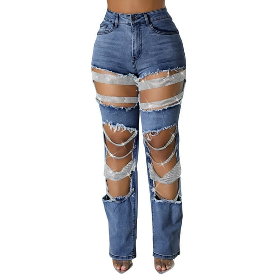 JGNGSHN Women's Hippie Tassel Denim Jeans Fashion High Street Cut Out Ripped Pants Party Music Festival Wear