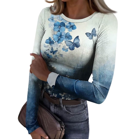 JGNGSHN Women's Long Sleeve Crew Neck Tops Casual Slim Fit Stretch Crew Neck Ribbed Knit Blouses Floral Print T-Shirt 2025 Fall Clothes
