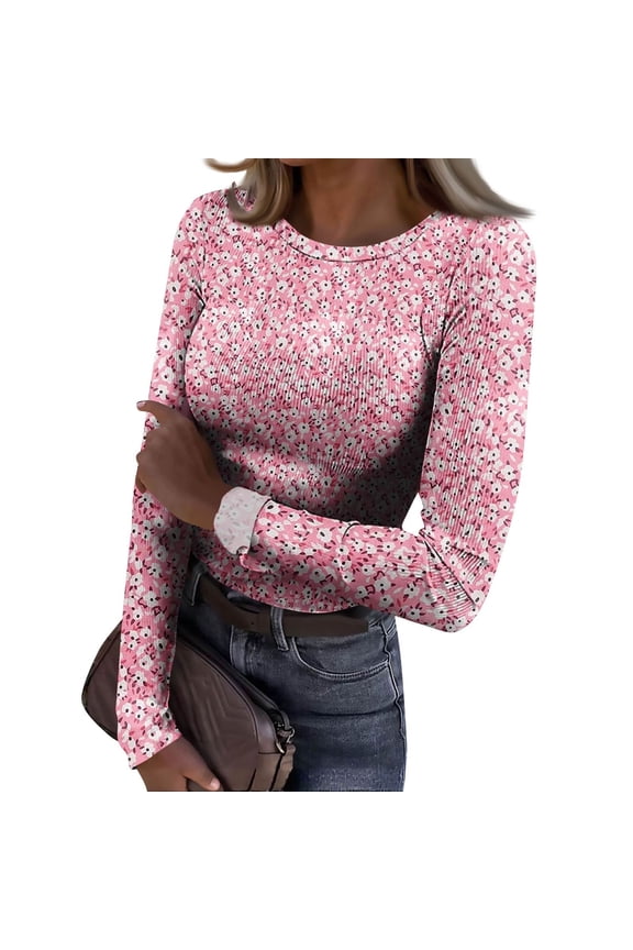 Women's Long Sleeve Crew Neck Tops Soft Stretch Fitted Crew Neck Ribbed T-Shirt Printed Tees 2025 Fall Clothes