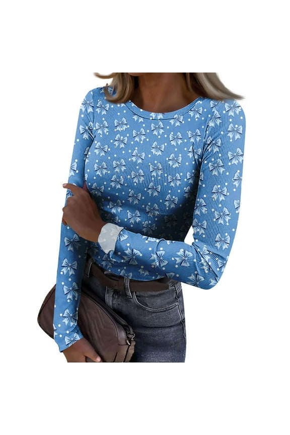 Women's Long Sleeve Crew Neck Tops Soft Stretchy Fitted Round Crew Ribbed Blouses Floral Print Tees Going Out Top