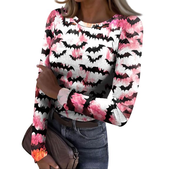 JGNGSHN Women's Long Sleeve Halloween Shirts Casual Round Crew Stretch Fitted Ribbed Fun Skull Printed Undershirts