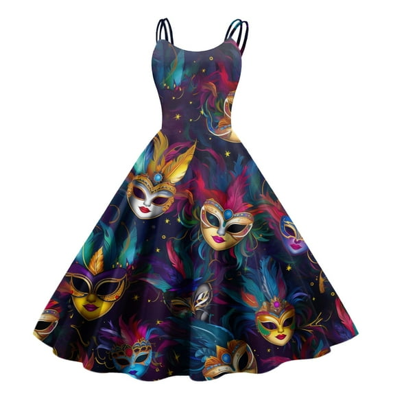 JGNGSHN Women's Mardi Gras Dresses Carnival Printed Fashion Spaghetti Strap Sleeveless Cocktail Dress Punk Vintage A-Line Swing Midi Dress