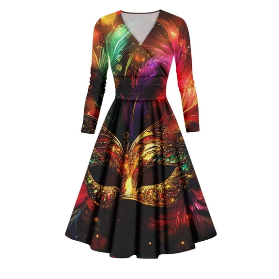 JGNGSHN Women's Mardi Gras Dresses Trendy Long Sleeve V Neck Dress Mardi Gras Mask Printed Pleated Dresses
