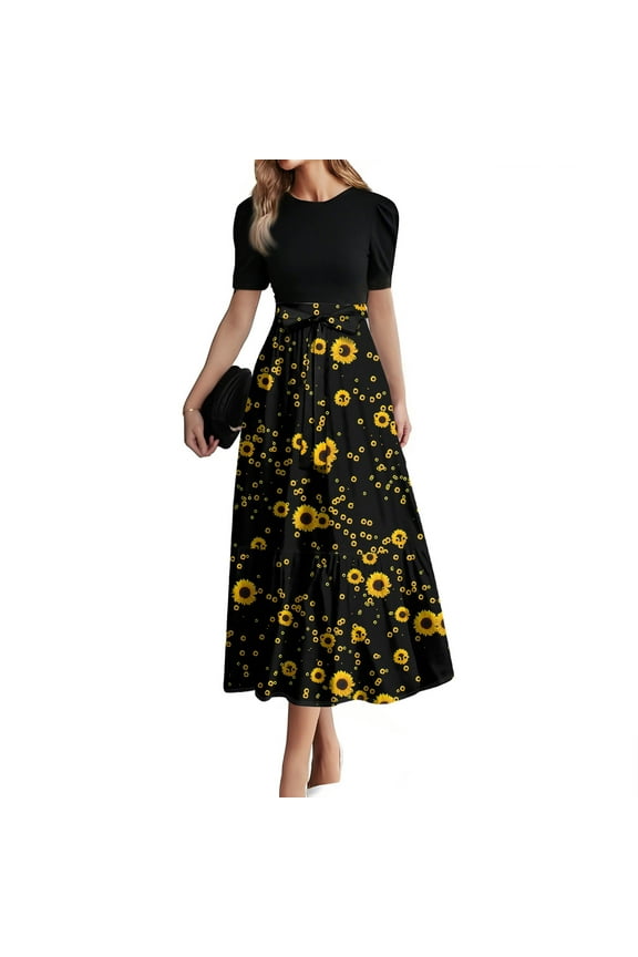 Women's Maxi Dresses 2025 Elegant Short Sleeve Floral Wrap Dress A-Line Tiered Swing Church Dress with Ruffles