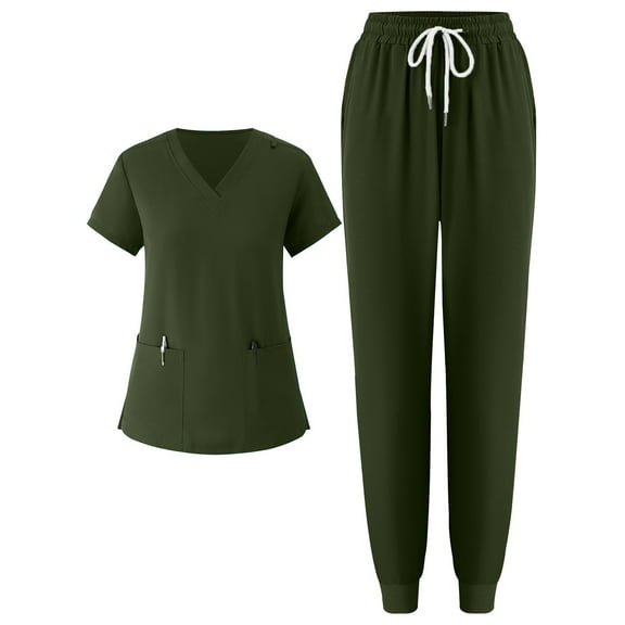 JGNGSHN Women's Medical Scrubs Set Modern Fit V-Neck Split Top & Drawstring Jogger Scrub Pants Solid Nursing Uniform Workwear