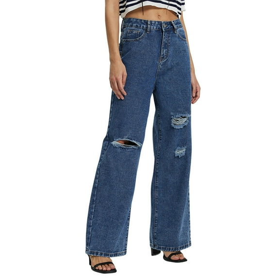 JGNGSHN Women's Ripped Jeans Trendy High Waist Straight Leg Denim Pants Fashion Distressed Denim Pant