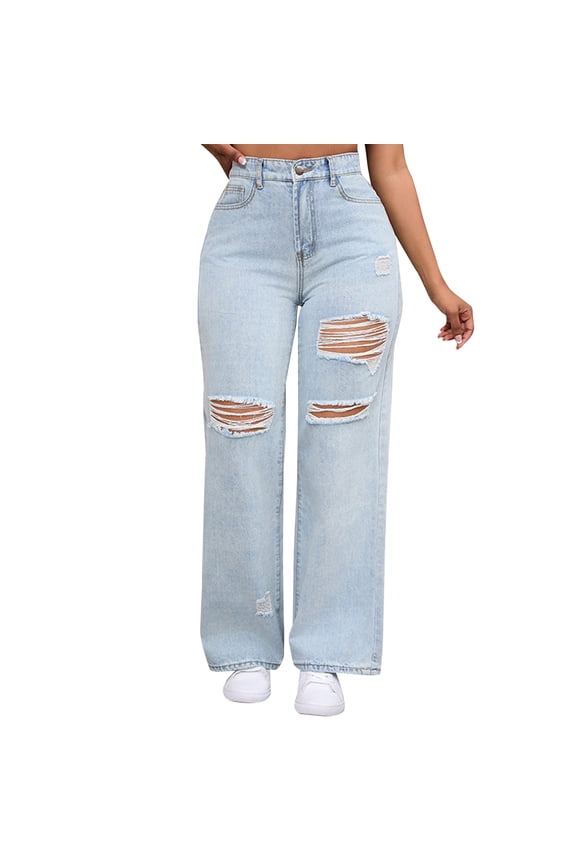 Women's Ripped Retro Jeans Fashion High Waisted Straight Leg Pants Distressed Trousers