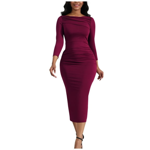 JGNGSHN Women's Ruched Long Sleeve Elegant Bodycon Dresses Casual Fashoin Midi Dress