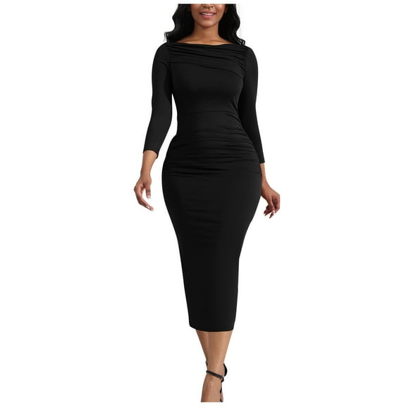 JGNGSHN Women's Ruched Long Sleeve Elegant Bodycon Dresses Solid Basic Casual Midi Dress