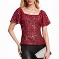 thumbnail image 1 of JGNGSHN Women's Sequin Puff Sleeve Square Neck Top Sparkly Short Sleeve Party Blouse for Evening, Club, or Holiday Outfits Wine XL, 1 of 4