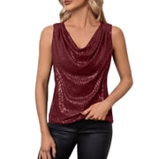JGNGSHN Womens Sleeveless Cowl Neck Sequin Tops Sparkly Club Party Shirts Drape Neck Glitter Cocktail Blouse