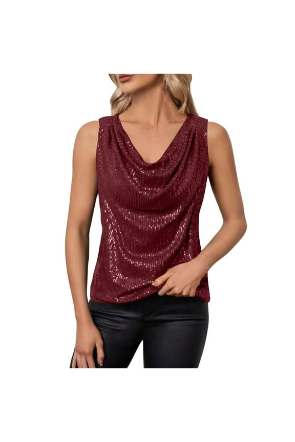 Women's Sleeveless Cowl Neck Sequin Tops Sparkly Club Party Shirts Drape Neck Glitter Cocktail Blouse