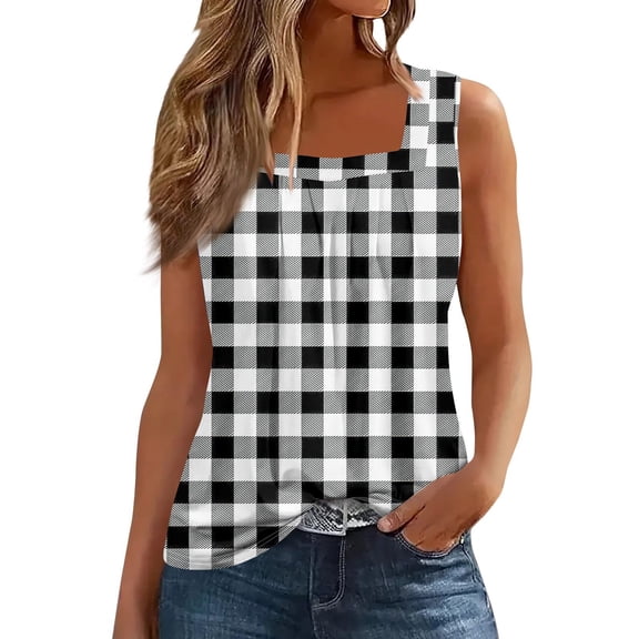 JGNGSHN Women's Summer Tank Tops 2025 Pleated Square Neck Basic Shirts Trendy Loose Fit Plaid Print Tuncis Vacation Clothes