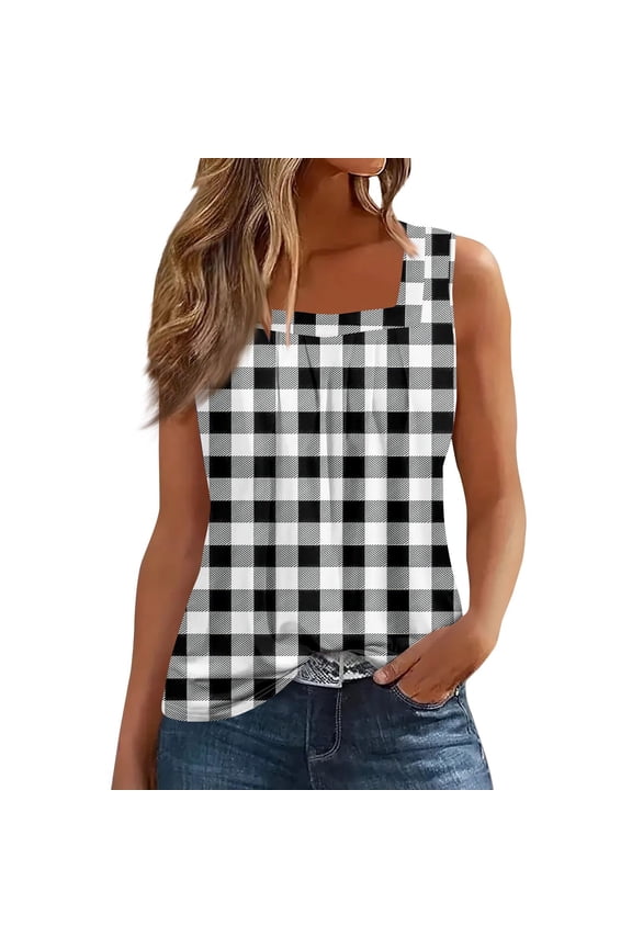 Women's Summer Tank Tops 2025 Pleated Square Neck Basic Shirts Trendy Loose Fit Plaid Print Tuncis Vacation Clothes