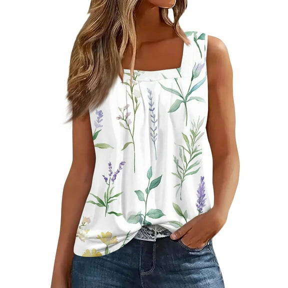 JGNGSHN Women's Summer Tank Tops 2025 Square Neck Pleated Sleeveless Basic Shirts Fashion Loose Fit Printed Blouse Holliday Clothes