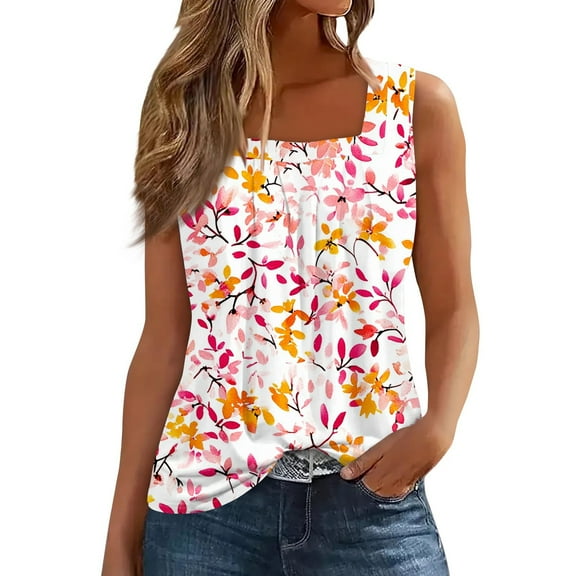 JGNGSHN Women's Summer Tank Tops Casual Pleated Square Neck Sleeveless Top Fashion Loose Fit Printed Tuncis Vacation Clothes