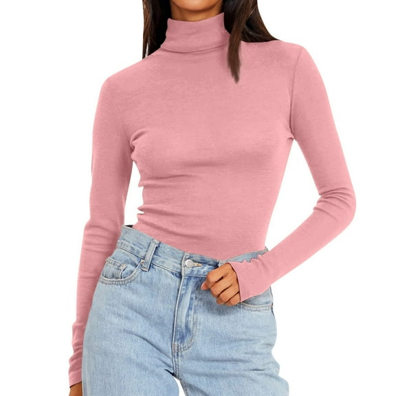 JGNGSHN Women's Turtleneck Long Sleeve Shirts Casual Basic T Shirts Lightweight Base Layer Solid Slim Fit Tops Pink
