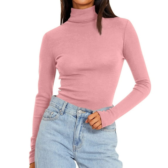 JGNGSHN Women's Turtleneck Long Sleeve Shirts Casual Basic T Shirts Lightweight Base Layer Solid Slim Fit Tops Pink