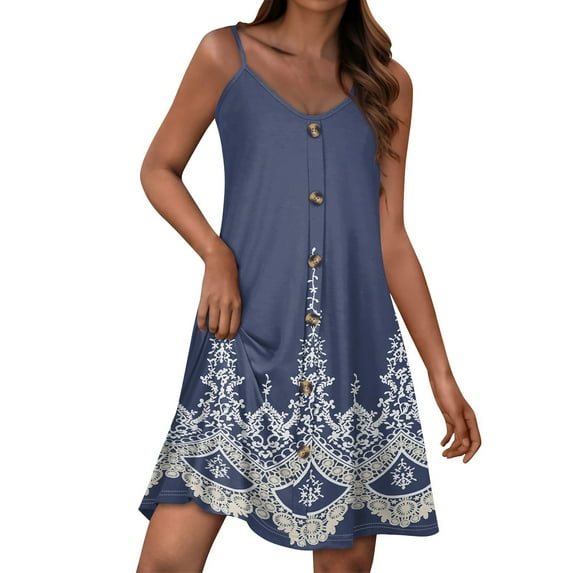JGNGSHN Women's Vacation Dresses Strappy Button V Neck Sleeveless Beach Sundress Comfy Swing a Line Short Mini Dress