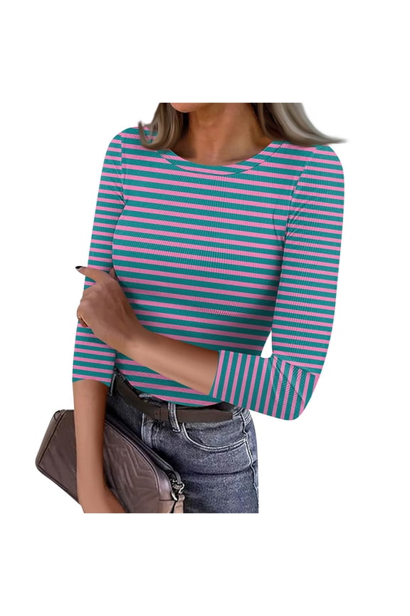 Womens 3/4 Sleeve Crew Neck Ribbed Knit Fitted Casual Tops Tee Slim Stripe Basic Shirts L