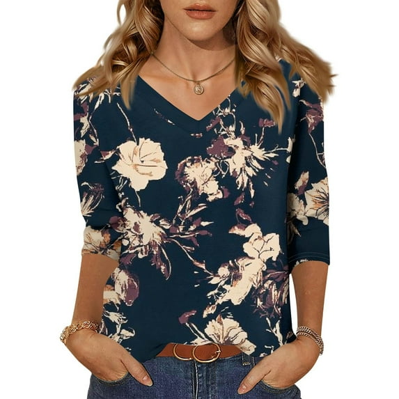 JGNGSHN Womens 3/4 Sleeve Tops And Blouses Going Out Fall Top Dressy Casual Shirts V Neck Boho Floral Print Blouse