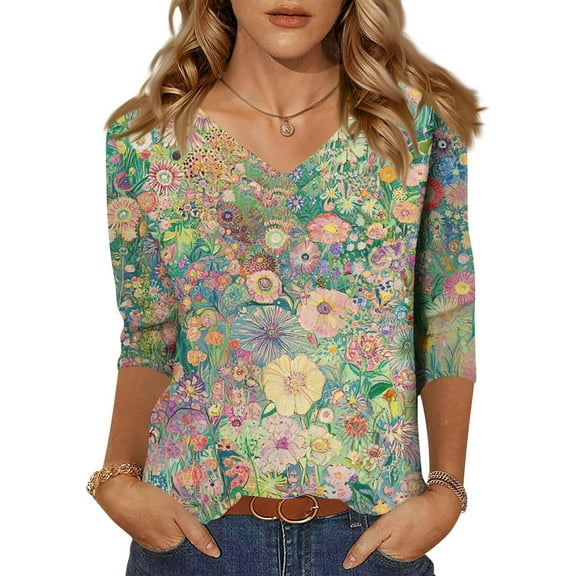 JGNGSHN Womens 3/4 Sleeve Tops And Blouses Going Out Fall Top Dressy Casual Shirts V Neck Boho Floral Print Blouse