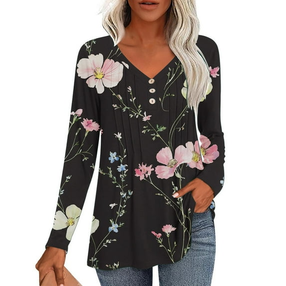 JGNGSHN Womens Blouses Dressy Casual Pleated Button Henley V Neck Tunic Tops Long Sleeve Loose Shirts