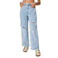 thumbnail image 1 of JGNGSHN Womens Blue Washed Ripped Jeans Fashion High Waist Straight Distressed Denim Pants Loose Fit Trousers, 1 of 6
