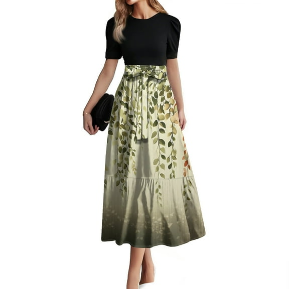 JGNGSHN Womens Boho Maxi Dress with Sleeves Casual Crewneck Short Sleeve Summer A Line Tiered Dresses Flowy Swing Empire Waist Beach Sundresses Elegant Patchwork Ruffle Tiered Modest Church Dress